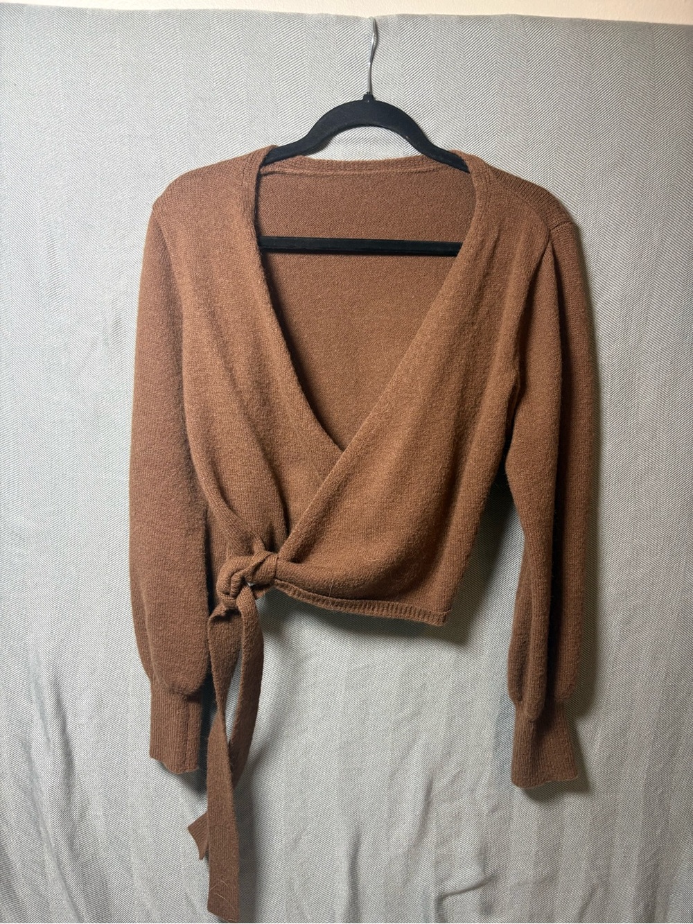 Brown Wrap V-Neck Tie Sweater